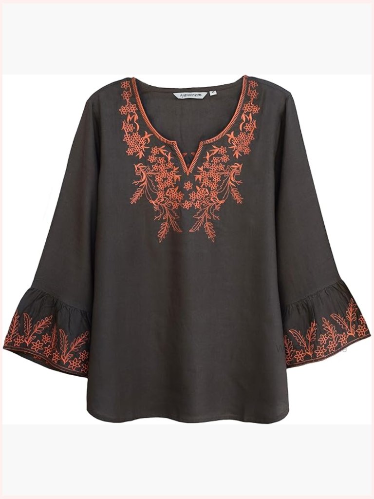 Viscose Rayon Embroidered Bell Sleeve Tunic Top Blouse